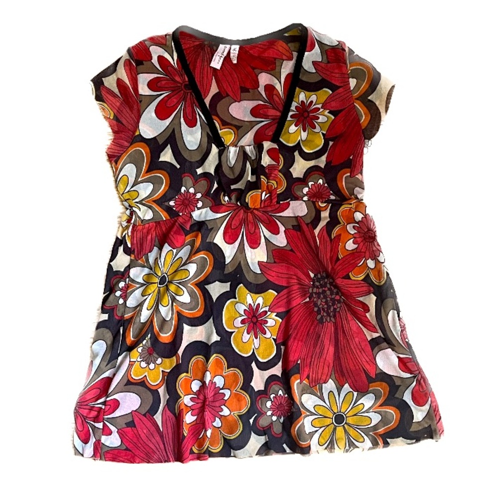Y2K Vintage Anthropologie Sweet Pea Nylon Mesh Babydoll Retro Floral Shirt